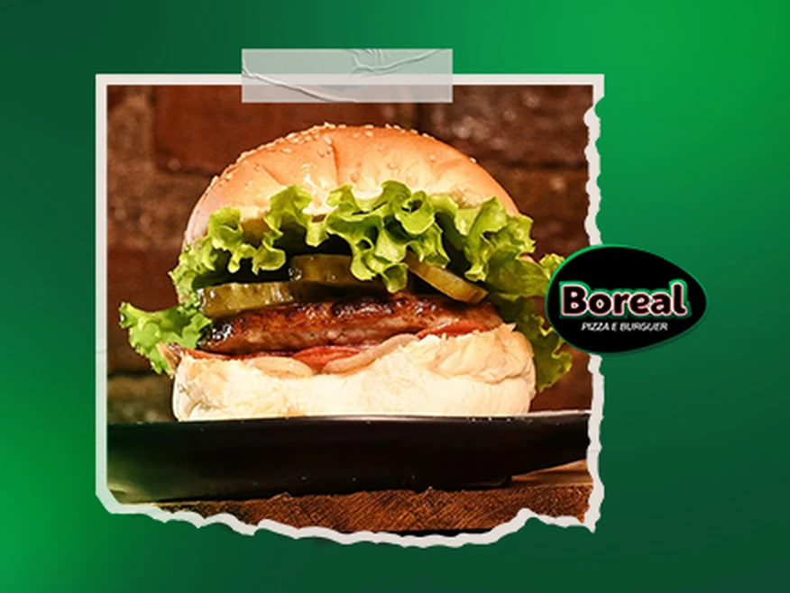 Case Boreal Pizza e Burgers: fotografia de hambúrguer com a marca em destaque
